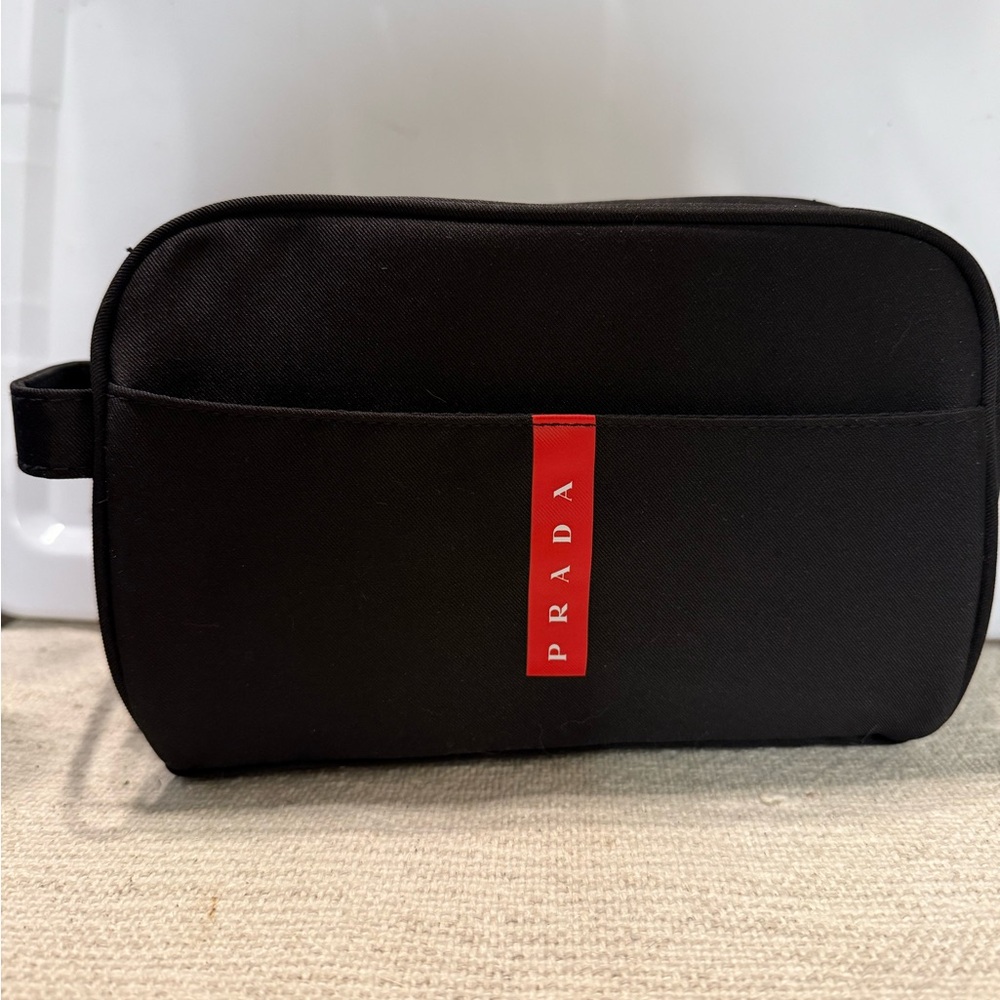 Prada Black Toiletry Bag with Bold Red Logo